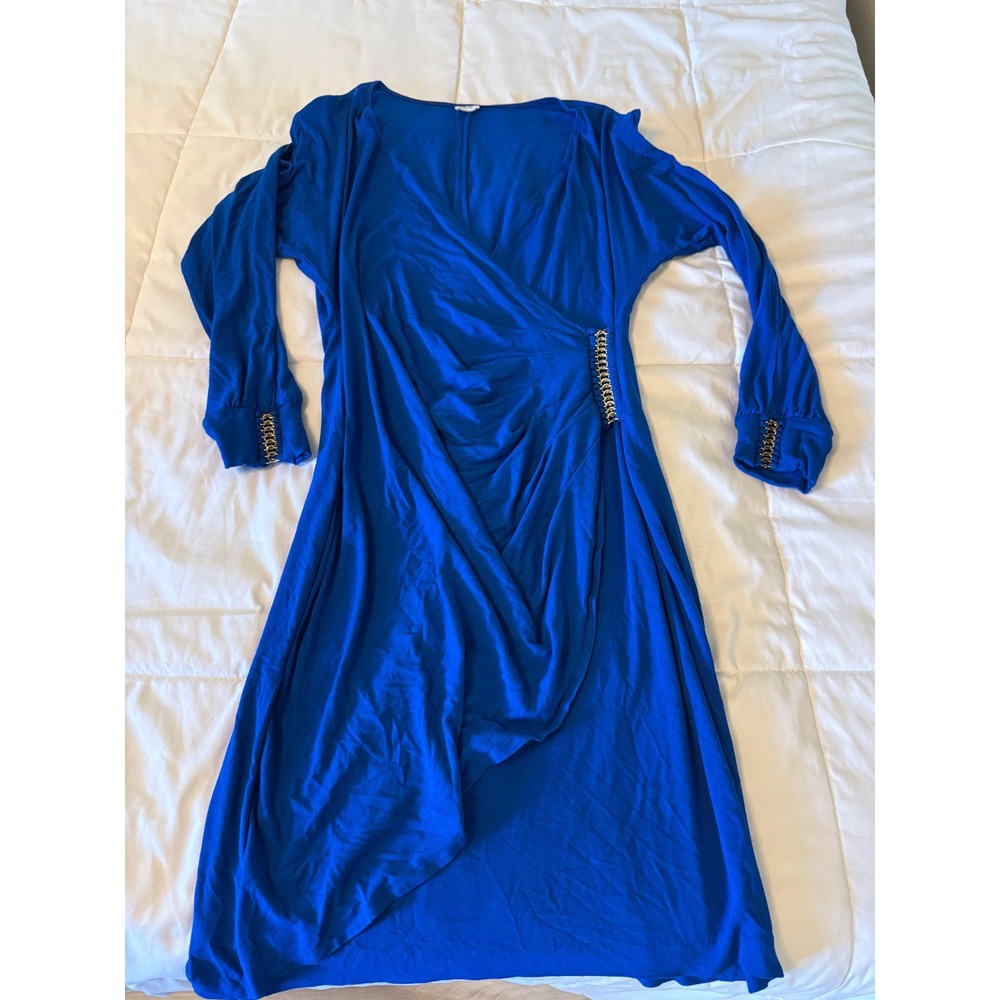 Cache Royal Blue Wrap Dress Gold Chain Detail Long Sleeve V-Neck Midi